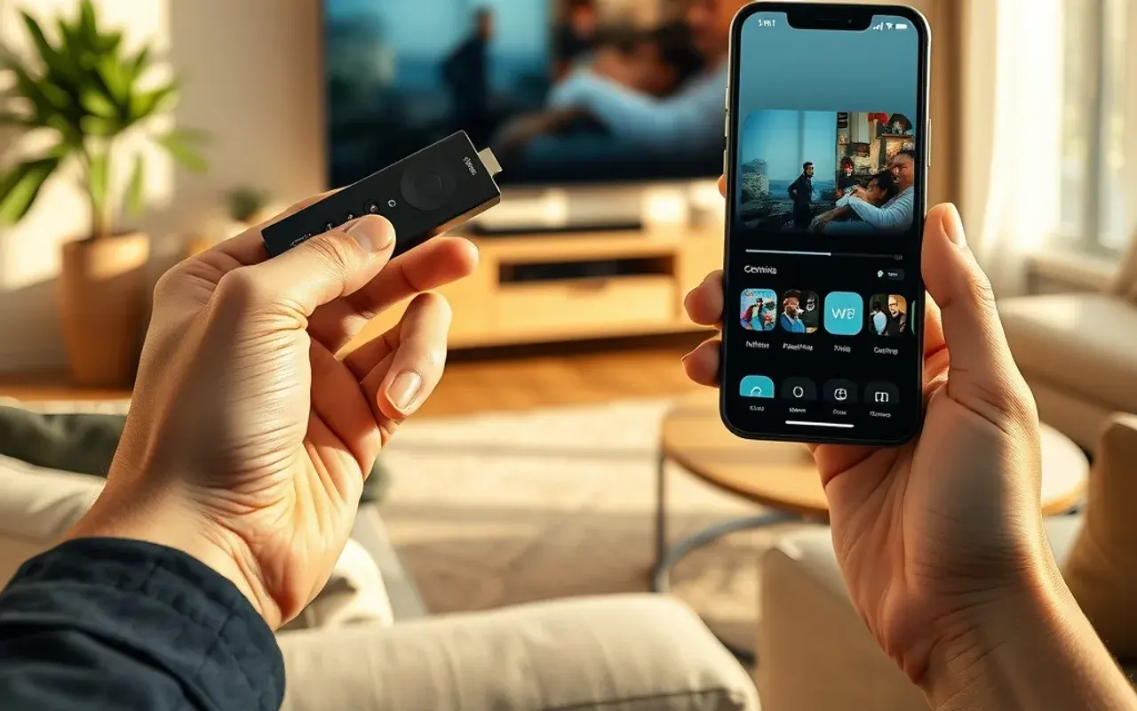 Una mano con una chiavetta di streaming e un telefono che mostrano la stessa interfaccia accanto a un televisore in pieno giorno, illustrando una liste IPTV su Smart TV, Firestick e mobile