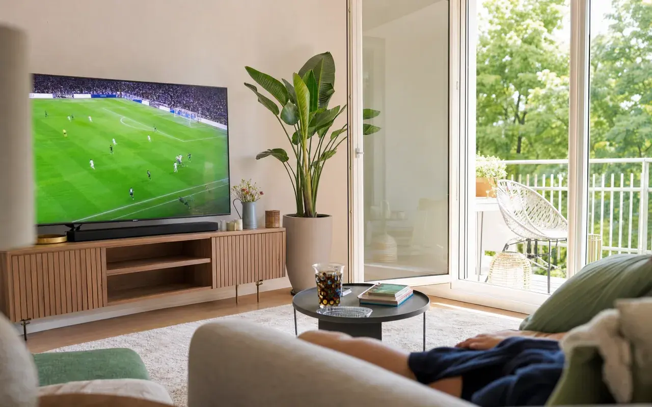 Salotto italiano chiaro con un grande televisore che trasmette una partita di calcio in diretta, illustrando il calcio incluso in una liste IPTV