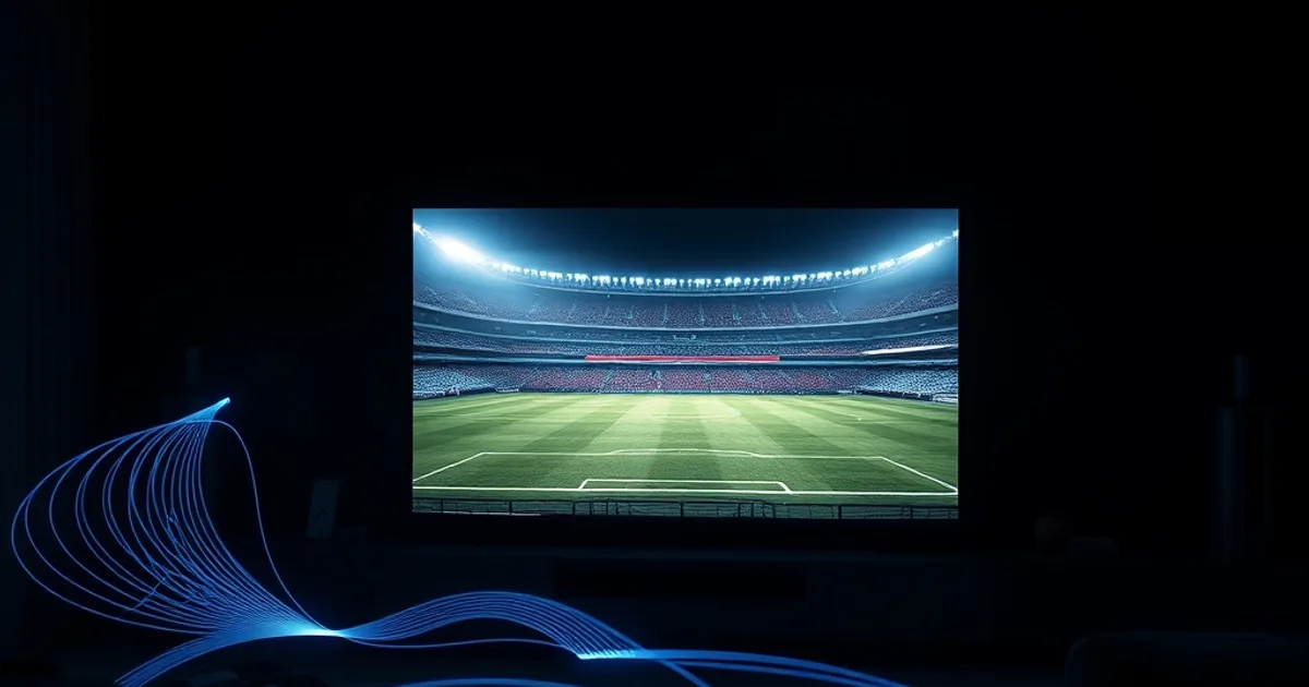 Televisore 4K acceso al buio con un campo da calcio nitido sullo schermo e linee di luce blu che simboleggiano il flusso dati efficiente verso la TV