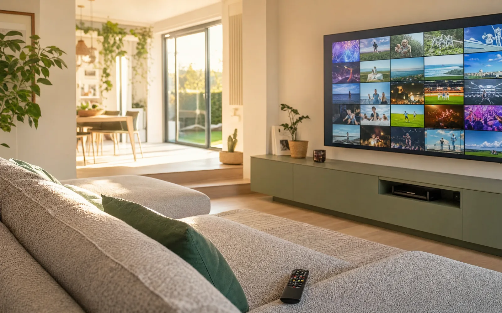 Salotto italiano luminoso di giorno con una grande Smart TV che mostra una griglia ordinata di canali, pronta per una iptv m3u list ita completa con calcio, film e serie