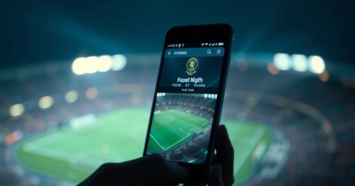 Mano che tiene uno smartphone con una partita di calcio in streaming, sullo sfondo sfocato le luci di uno stadio di notte