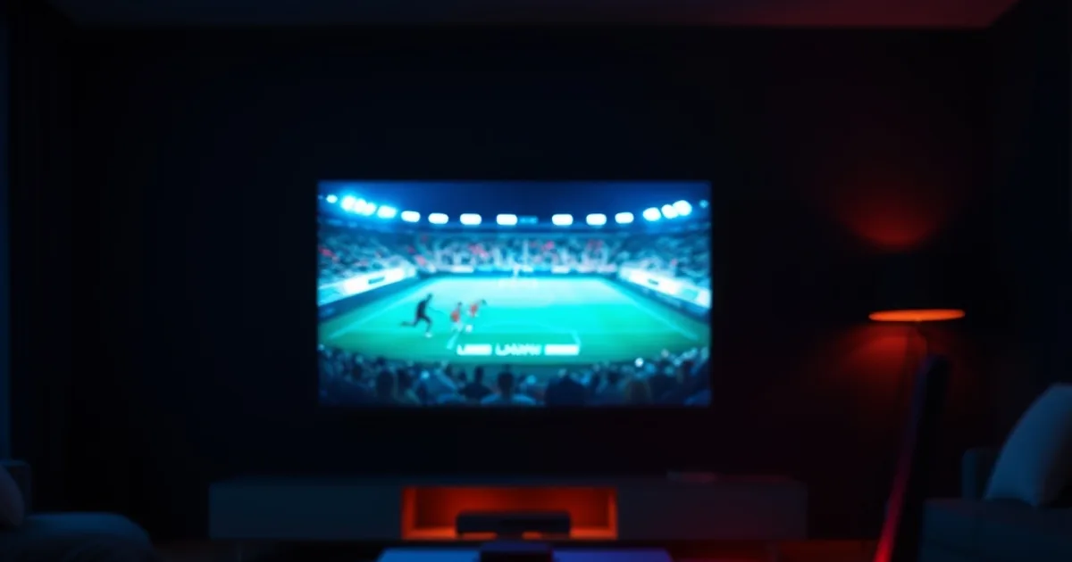 Salotto buio con TV che mostra una partita di calcio in buffering, router in primo piano con luci accese