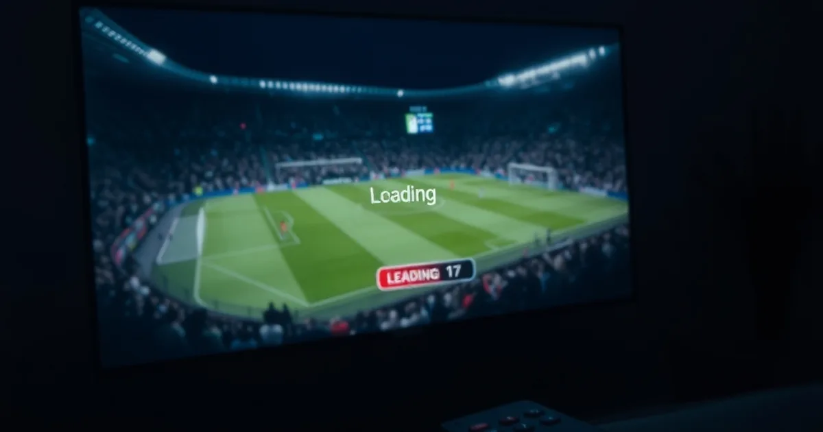 Schermo TV con partita di Champions League in buffering, in una stanza scura con luce blu riflessa