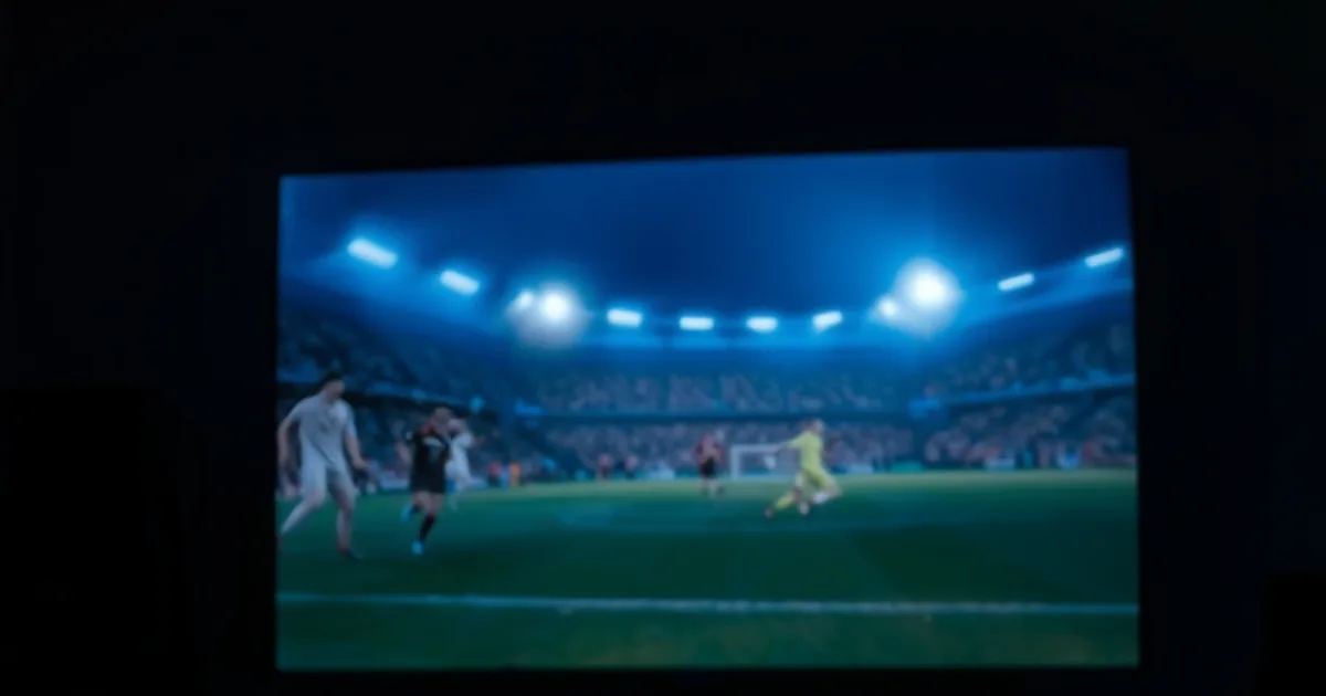 Scena notturna con un televisore che trasmette una partita di calcio sullo sfondo e un laptop in primo piano con una lista canali in scorrimento, atmosfera cinematografica scura