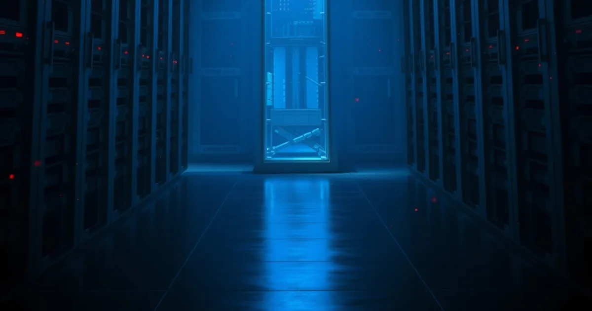 Un unico server luminoso e stabile resiste al buio circostante, immagine simbolica dell'infrastruttura resiliente di una lista M3U