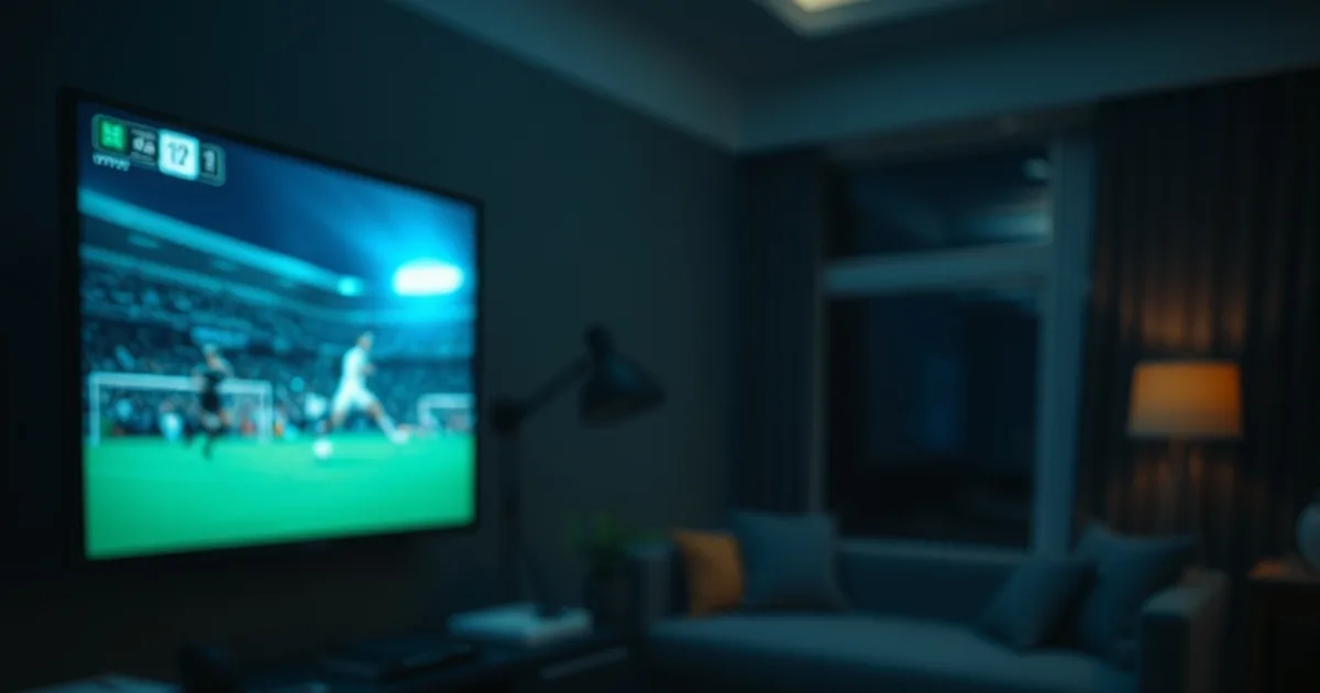 Salotto buio illuminato dal bagliore di una partita di calcio in TV, con un cronometro e un taccuino su un tavolino accanto al telecomando